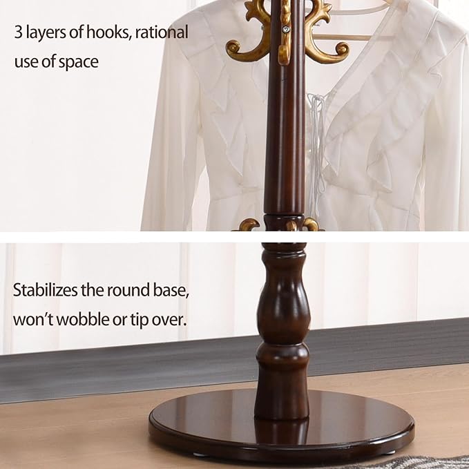 Coat Rack Freestanding, Wooden Coat Tree with Stable Round Base, Vintage Heavy Duty Coat Rack Stand with 14 Hooks, Coat Hanger Stand for Bedroom, Office, Entryway (Vintage)