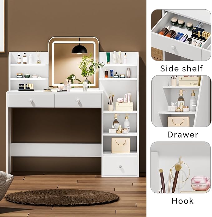 White Makeup Vanity Desk with Square LED Mirror & 6 Open Shelves - 3-Color Adjustable Lighting, 3 Drawers + Right-Side Sloped Design, Dressing Table for Bedroom, Women, Teens