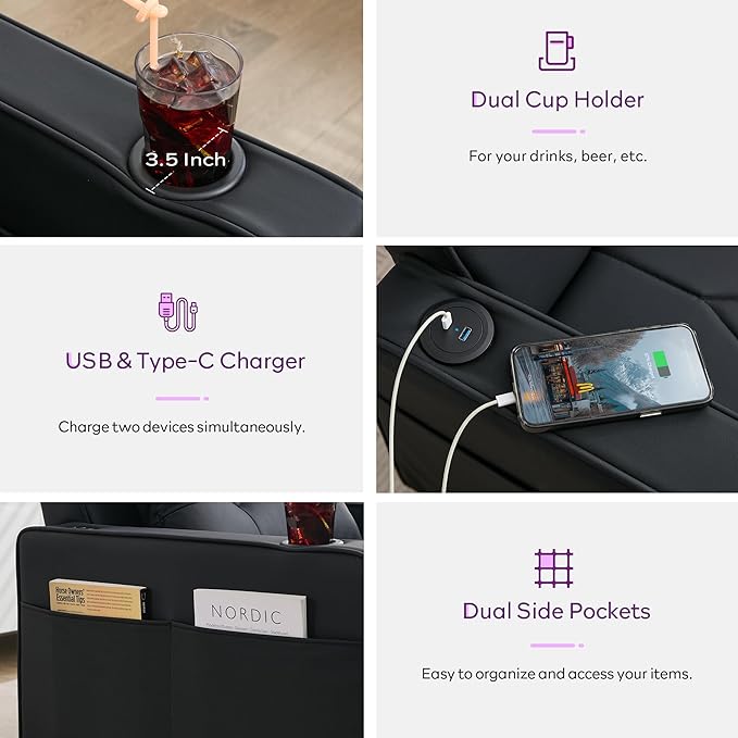 TYBOATLE Leather Convertible Sleeper Chair Bed for Adults, 3-in-1 Pull Out Sofa Chair Bed with USB/Type-C Ports, Cup Holders, Side Pockets, Single Sofa for Living Room, Bedroom, Office (Black)