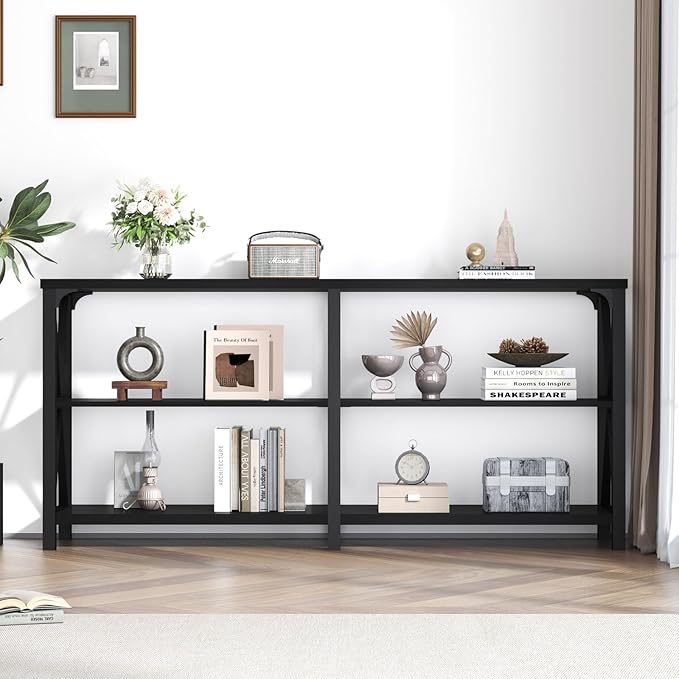 LVB Industrial Entryway Table, Farmhouse Rustic Console Tables Behind Couch, Long Metal Wooden Sofa Table with Storage Shelf, Modern Foyer Hallway Table for Living Room Bedroom, Black Oak, 63 in