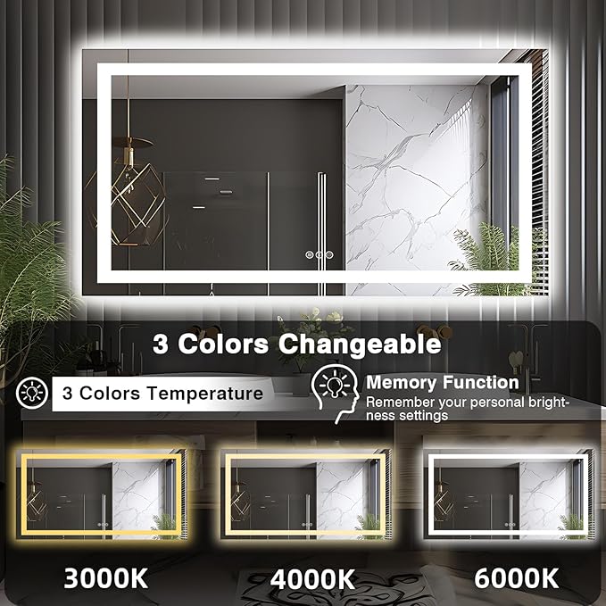 66"x36" LED Lit Bathroom Mirror, Front and Backlit LED Mirror, Anti-Fog Bathroom Mirror with Lights, 3 Colors Stepless Dimmable Mirror, Touch Sense (Horizontal/Vertical)