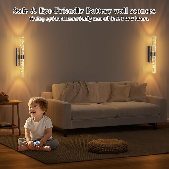 Battery Operated Black Wall Sconces Set of 2 Rechargeable Battery Powered Wall Light with 12000mAh Indoor Not Hardwired Dimmable Wall Lamp Fixtures for Bedroom Living Room 15.3 Inches