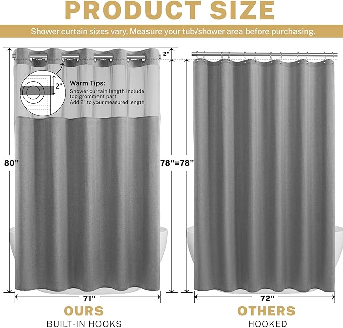 Long No Hook Shower Curtain with Snap in Liner, Polyester Textured Shower Curtain with Liner Set, Waterproof Washable Hotel Style Shower Curtains for Bathroom, 71Wx80H, Grey