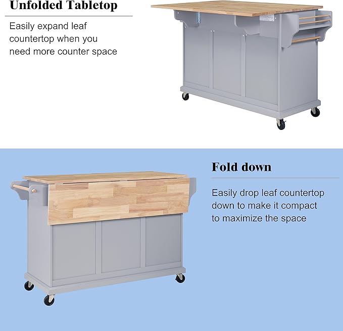 Mobile Kitchen Island on 5 Universal Wheels, Greenguard Gold Certified, Stationary Storage Island with 5 Wood Cabinet Feet, Utility Kitchen Island Cart with Drop-Leaf and Storage for Kitchen (Gray)