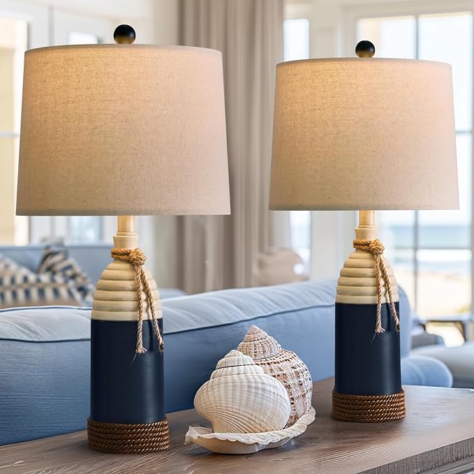 OYEARS 23.75" Table Lamps Set of 2, Bedside Lamps for Nightstands, Nautical Table Lamps for Living Room, Coastal Ocean Beach Style, Resin, Navy Blue