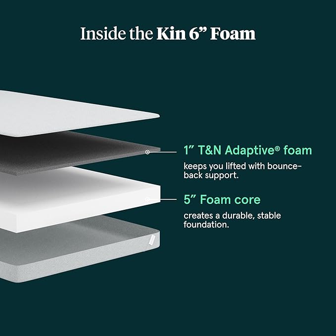 Kin By Tuft & Needle Firm 6" Queen Adaptive Foam Mattress in a Box, Cooling Pressure Relief, Balanced Support, 100 Night Trial, Fiberglass-Free, CertiPUR-US, 10-Year Limited Warranty