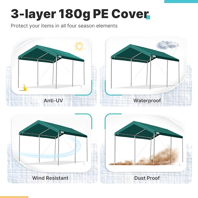 ADVANCE OUTDOOR 10x15 ft Heavy Duty Carport Potable Car Canopy Garage Party Tent Boat Shelter, Adjustable Height from 9.5 ft to 11 ft, Green