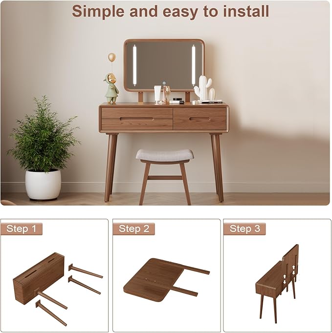 KungFuWood Soild Wood Makeup Vanity Desk with Light Mirror, Dressing Table Wooden 3 LED Lighting Modes Adjustable,3 Drawers Dresser Make up Table Height-Adjustable Mirror, for Bedroom (with Adapter)
