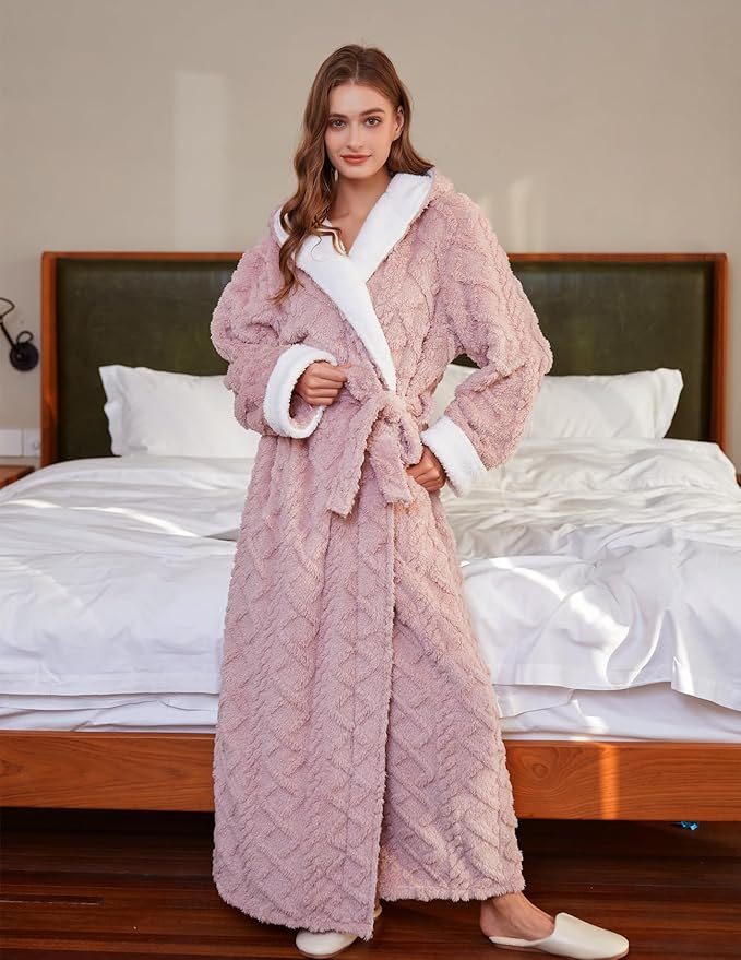 LKG women's robes long plush hooded ladies shower luxury christmas warm fuzzy robes house coat bathrobe for women full length