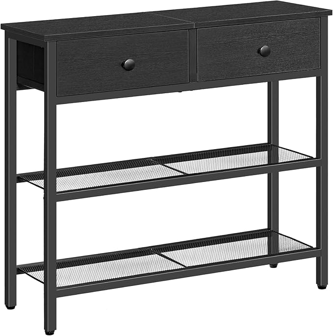 HOOBRO 29.5" Narrow Console Table with 2 Fabric Drawers, Sofa Table, Small Entryway Table with 3-Tier Storage Shelves, Behind Couch Table, for Living Room, Hallway, Black BB72XG01