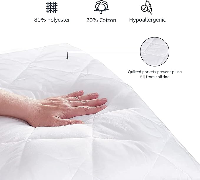 Amazon Basics Hypoallergenic Quilted Plush and Breathable Mattress Topper Pad, 18 Inches Deep, Queen, White