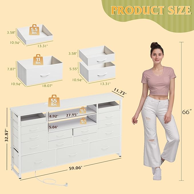 WLIVE White TV Stand for 55, 60, 65 inch TV, Entertainment Center with LED Lights & Charging Station, TV Media Console Table with 15 Fabric Drawers and Open Shelves for Living Room, Hallway, Wood Top