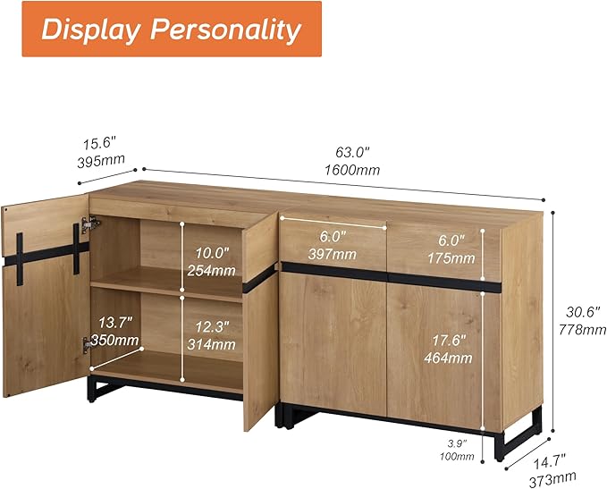 WAMPAT Modern TV Stand for 75-110 Inch TVs, Wooden Entertainment Center Console With Metal Base and Adjustable Shelves for Living Room, Bedroom, 63 Inch, Oak