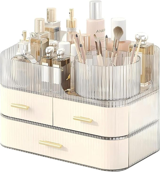DASITON Makeup Organizer with Drawers and Rotating Makeup Brush Holder,Large Capacity Stackable Cosmetic Organizer Countertop,Bathroom Organizers and Storage,Make up Organizers for Vanity (Cream 03)