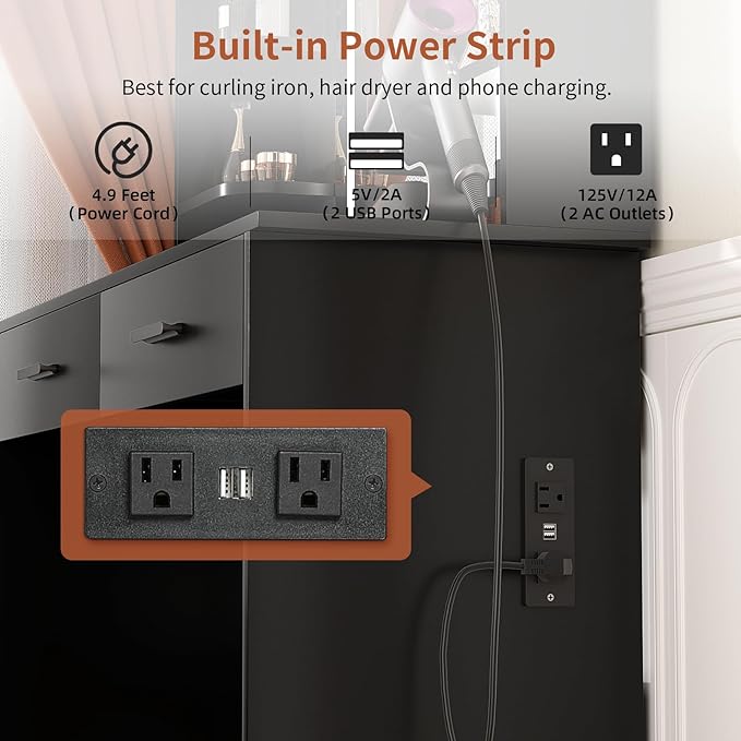 SMOOL Vanity with Lighted Mirror, Makeup Vanity Desk with Power Outlet, 3 Color Light Options Adjustable Brightness, Vanity Table with 6 Storage Shelves, 2 Large Drawers and Cushioned Stool, Black