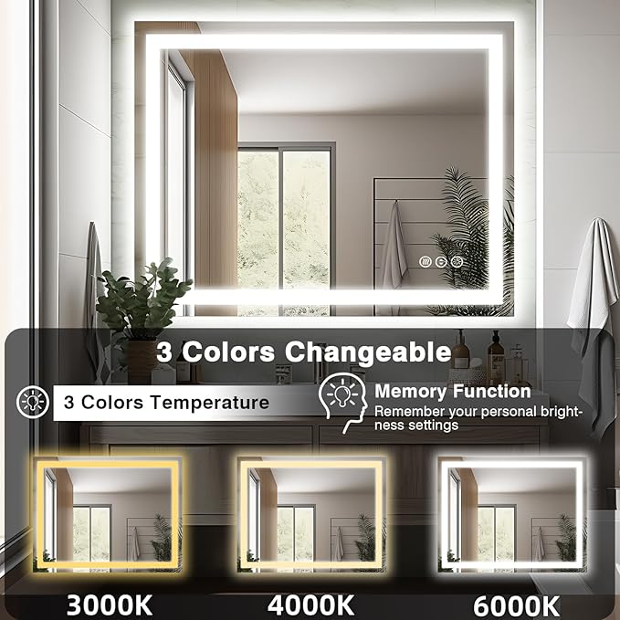 40"x32" LED Bathroom Mirror for Wall, Front and Backlit, Anti-Fog Vanity With Lights, Stepless Dimmable, 3 Colors Smart (Horizontal/Vertical)