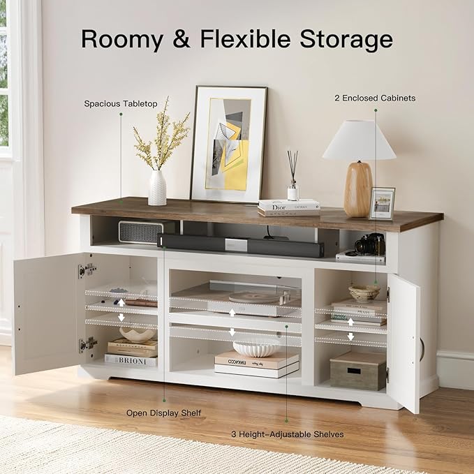 Marsail Modern Farmhouse TV Stand, Entertainment Center with Storage Cabinets, Adjustable Shelves and Power Outlets for Televisions up to 80 Inch, TV Console Table for Living Room, Brown&White