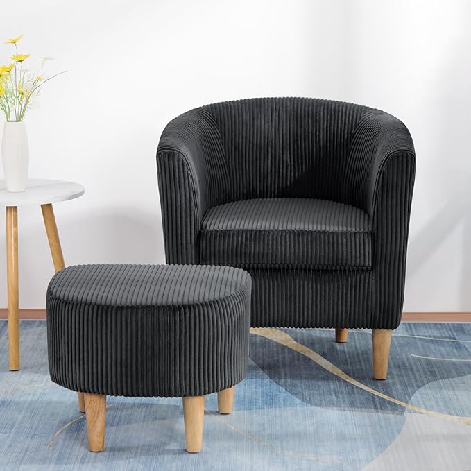 DAZONE Accent Chair, Barrel Chair with Ottoman Comfy Armchair Corduroy Living Room Chairs Mid Century Modern Chair Upholstered Club Tub Sofa Chair for Bedroom Reading Room Charcoal