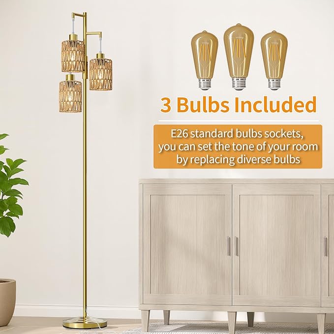 Oneach 70" Floor Lamps for Living Room, Stepless Dimmable Boho Floor Lamp with 3 Bulbs, Tall Farmhouse Industrial Corner Standing Tree Lamp for Bedroom, Office, Study Room, Dining Room, Gold