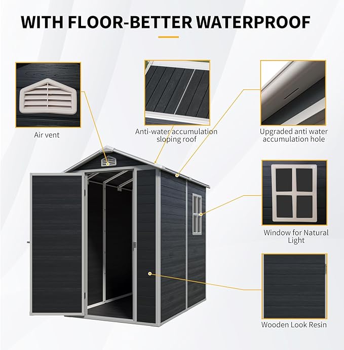 6x4 FT Outdoor Storage Resin Shed with Floor, Waterproof Plastic Garden Tool Shed with Windows, Vents & Lockable Door and Sloped Roof, Easy to Assemble Bike Shed for Patio, Backyard, Lawn, Black