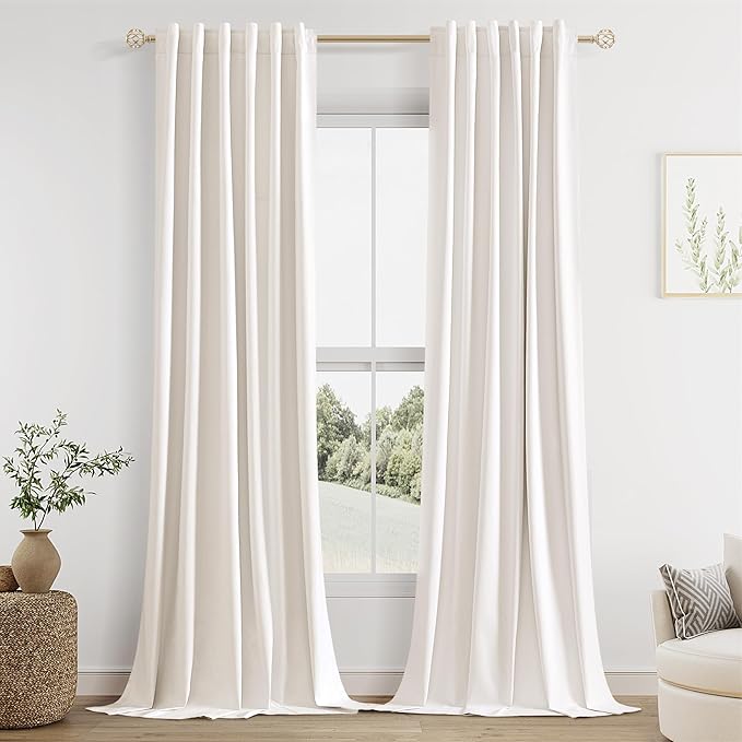 Guken Ivory Linen Blackout Curtains 96 Inch Length 2 Panels Set for Living Room Bedroom Back Tab Thermal Insulated 100% Black Out Linen Drapes Room Darkening Window Curtains 40 Wide