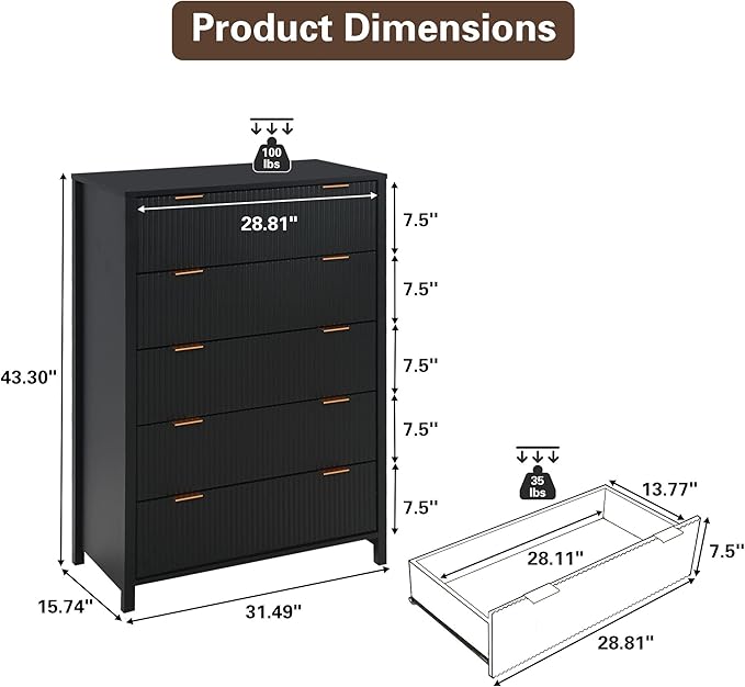 Fluted 5 Drawer Tall Dresser for Bedroom, Mid Century Modern Nightstand with Drawers, Tall Bedside Table for Closet Cloth, Living Room End Table with Storage for Dorm -Black
