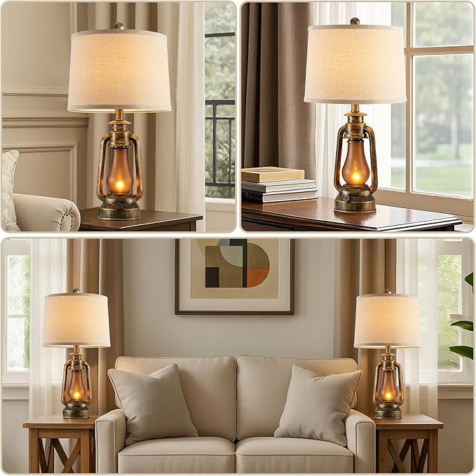 RORIANO 25" Set of 2 Rustic Lantern Table Lamps for Living Room Bedroom, 2 USB Ports Farmhouse Vintage Bedside Desk Lamp Nightlight for Entryway Office End Table, 4 Bulbs Included