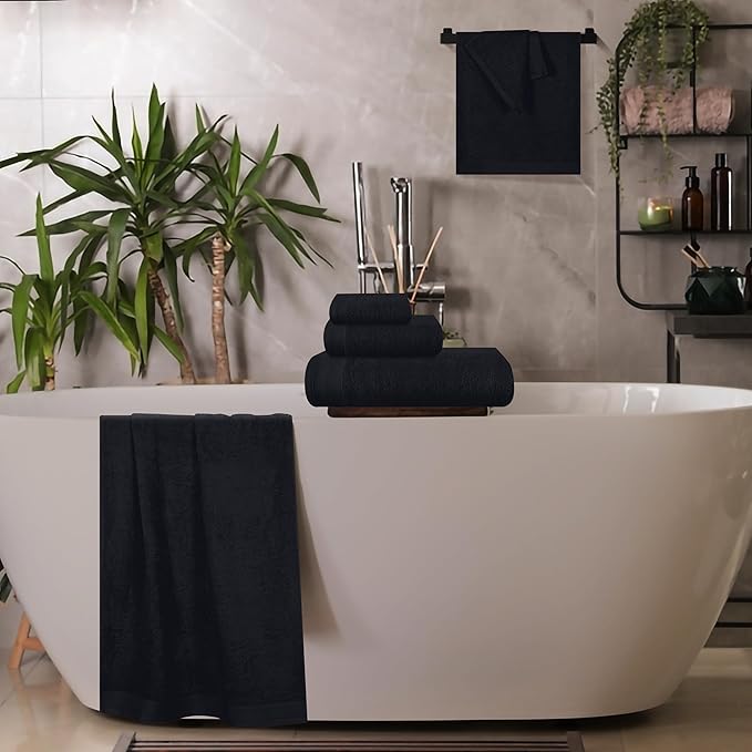 Ultra Soft 6 Pack Cotton Towel Set, Contains 2 Bath Towels 28x55 inch, 2 Hand Towels 16x24 inch & 2 Wash Coths 12x12 inch, Ideal Everyday use, Compact & Lightweight - Black