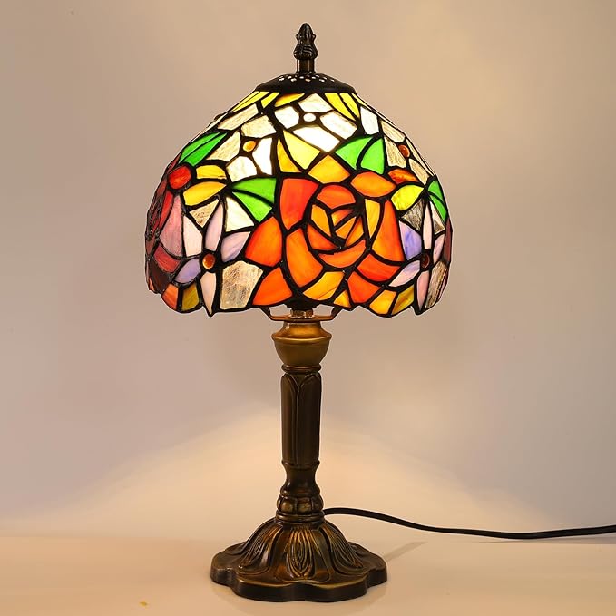 Rose Tiffany Small Table Lamp 3 Way Color Temperatures Stained Glass Bedside Nightstand Table Lamps for Living Room,Bedroom, Home Office Reading Desk Lamp+LED Bulb,8X8X15 Inch