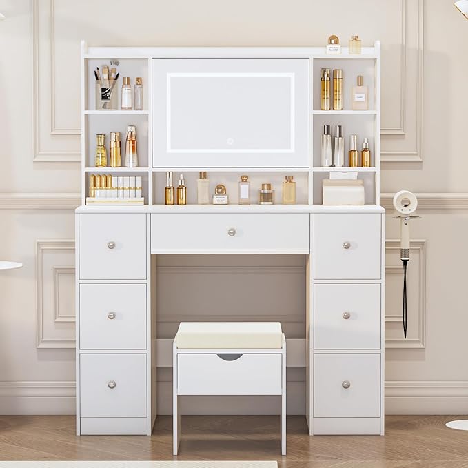 Large Vanity Table with Mirror & Lights - Built-in Power Outlet, Dimmable LED Lighting, 7 Compartments & 7 Drawers - Includes Padded Stool - Ideal Bedroom Makeup Dressing Station (White)
