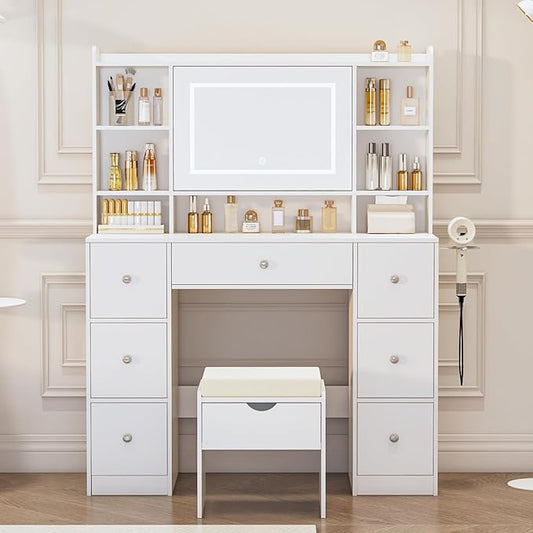 Large Vanity Table with Mirror & Lights - Built-in Power Outlet, Dimmable LED Lighting, 7 Compartments & 7 Drawers - Includes Padded Stool - Ideal Bedroom Makeup Dressing Station (White)