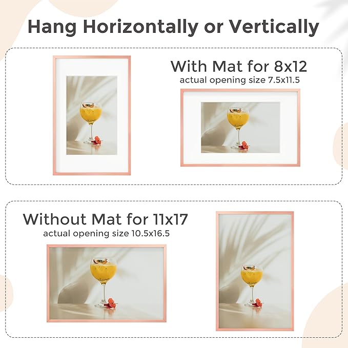 11x17 Metal Picture Frame for Wall With Mat for 8x12, 11''x17'' Aluminum Photo Frames With Tempered Glass for Home Decor, Minimalist Modern Poster Frame Horizontally & Vertically, 3 PCs, Rose Gold