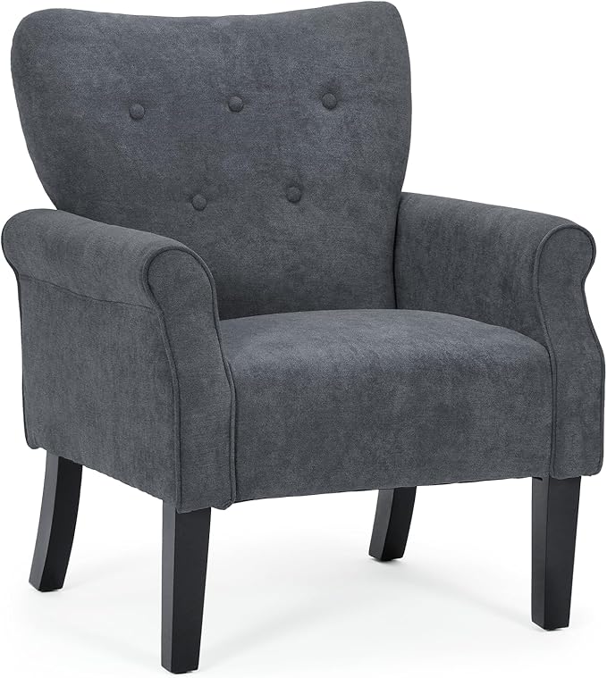 Athena Collection Mid Century Accent Chair with Rubberwood Legs, Upholstered Modern Armchair with High Back, Tufted Backrest and Angled Back Legs for Living Room, Bedroom, Vanity, Lava Gray