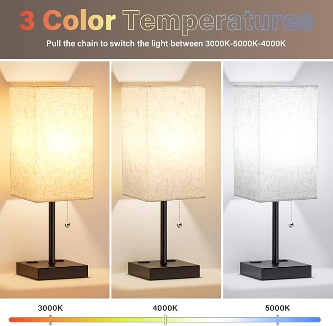 Table Lamps for Bedroom Set of 2 Nightstand - 17.4In Tall, 3 Color Bedside Lamps with AC Outlets and USB A & C for Charging, Square Night Stand light Lamp, End Table Lamp for Living Room/Dorm/Office