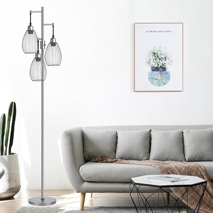 Nintiue Dimmable Floor Lamp, 3 x 800LM LED Edison Bulbs Included, Industrial Floor Lamp Standing Tree Lamp with Elegant Teardrop Cage Heads Tall Lamps for Living Room Bedroom-Grey