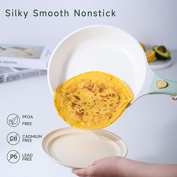 JEETEE Pots and Pans Set Non Stick 22pcs, Ceramic Cookware Set with Removable Handle, Healthy Kitchen Induction Cooking Pots Set with Detachable Handle, Oven Safe, PFAS & PFOA Free, Green, Beige