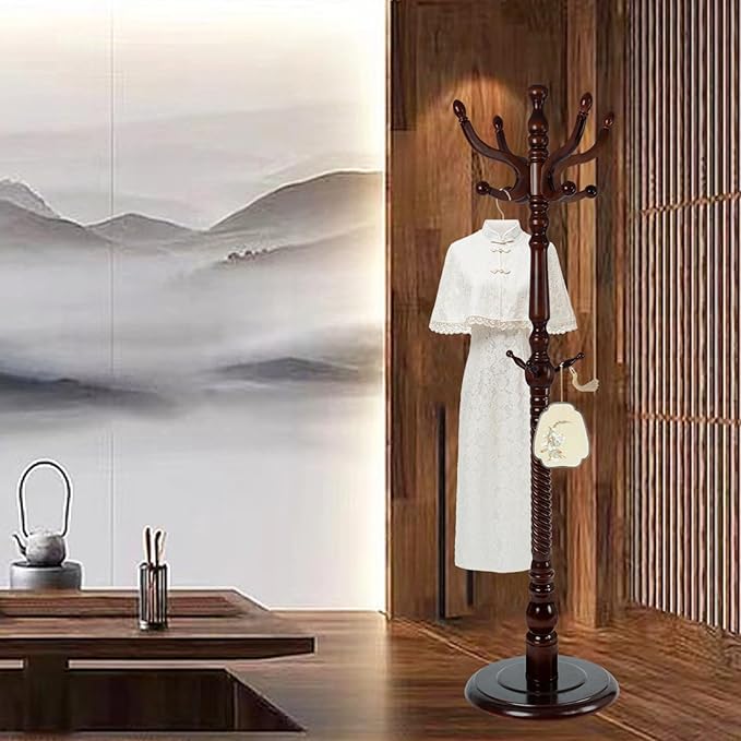 Coat Rack Freestanding, Wooden Tree Coat Rack Stand with 2 Adjustable Sizes Coat Tree and 11 Hooks, Sturdy Hall Tree with Tri-Legged Base for Entryway, Hallway, Bedroom (Walnut-Solid Round Base)