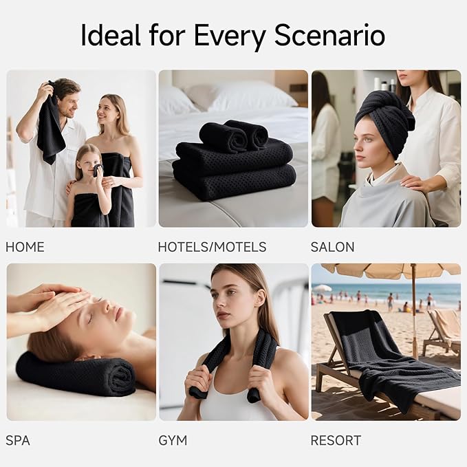 REDKISS 6-Piece Bath Towel Set - 2 Washcloths, 2 Hand Towels, 2 Bath Towels | Ultra-Fiber Coral Fleece, Super Absorbent, No Lint & No Fading | Perfect for Bathroom, Spa, Gym | Family & Adults-Black