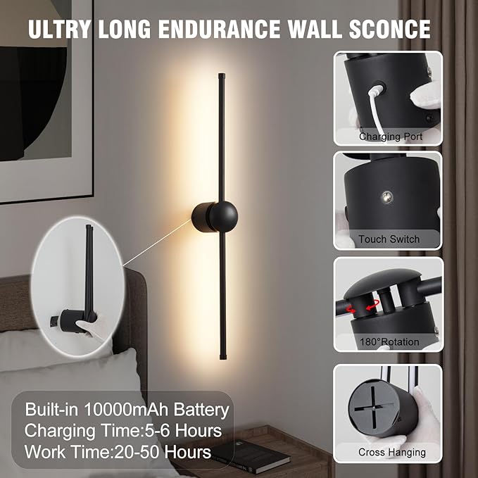 Battery Operated Wall Sconce Set of Two, Wireless Battery Powered LED Wall Lights with Remote, 360°Rotation, Rechargeable, Dimmable,Black Modern Cordless Wall Lamp for Living Room Bedroom