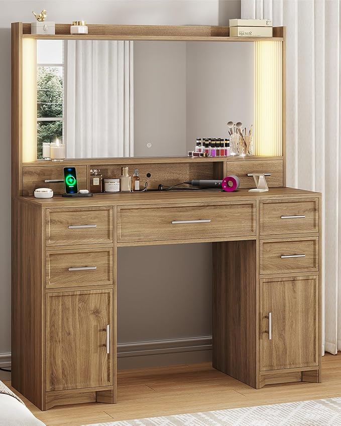 AOGLLATI Vanity Desk with Mirror and Lights, Makeup Vanity Desk with Lights, Large Mirror with Charging Station and 3 Color Lightbox, Vanity Table with 7 Drawers for Bedroom, Brown