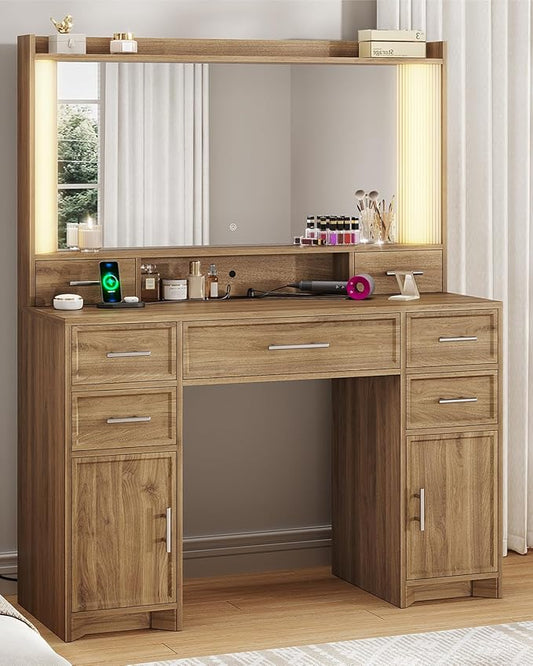 AOGLLATI Vanity Desk with Mirror and Lights, Makeup Vanity Desk with Lights, Large Mirror with Charging Station and 3 Color Lightbox, Vanity Table with 7 Drawers for Bedroom, Brown