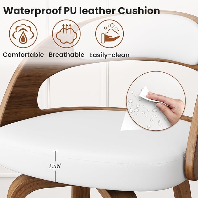 Swivel Bar Stools Set of 4, 26" Counter Height Bentwood Barstool, Mid-Century Modern PU Leather Upholstered Bar Chair with Back and Footrest, for Kitchen Island, Bar, Cafe, Dining Room, White