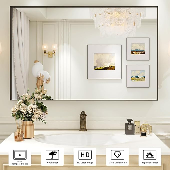 48x30 Inch Black Bthroom Mirror, Black Metal Frame Vanity Mirror for Wall,Square Corner, Rectangle,Tempered Glass,Anti-Rust (Horizontal/Vertical),Bedroom, Living Room, Entryway