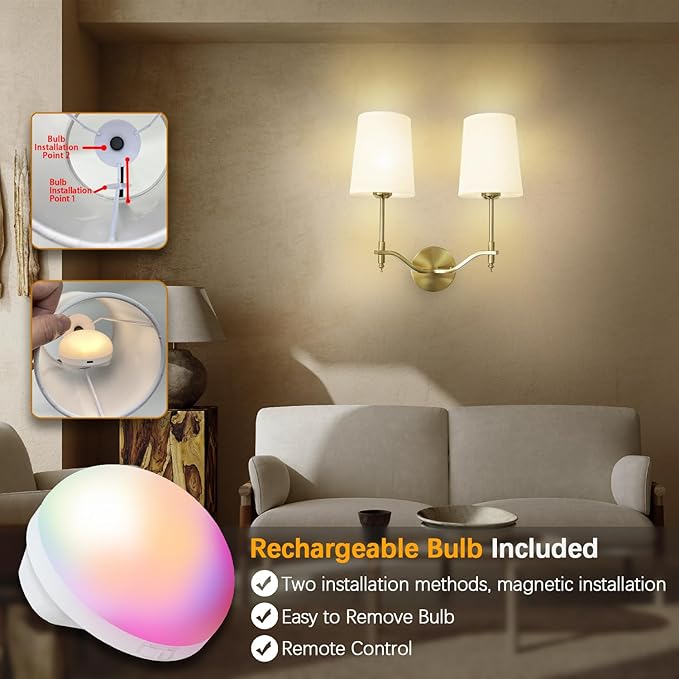 Wall Lights Battery Operated Wall Sconces 2-Light, Gold Rechargeable Wall Sconce with 15 RGB Dimmable Detachable Bulbs and Remote, Wireless Battery Powered Wall Lamp for Living Room Bedroom
