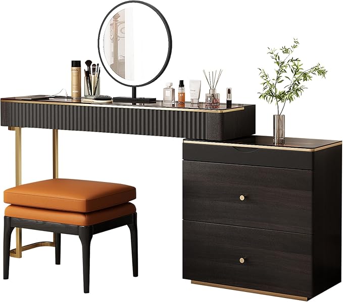 Lartis Makeup Vanity with Stool, Very Easy to Assemble,Retractable TV Cabinet Combination, Dressing Table Desk in one, Super Storage