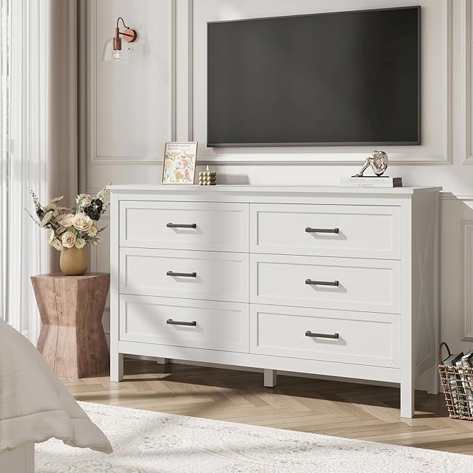 Farmhouse 6 Drawers Dresser for Bedroom, Wood Rustic Wide Chest with Natural Texture, Storage Dressers Organizer for Bedroom, Hallway, Entryway, White