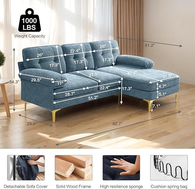 EASELAND 82" L-Shape Sofa with Reversible Chaise Lounge, Convertible Sectional Sofa Couch, Chenille Modern Sofa Couch for Living Room, Apartment and Office, Removable Cover,Blue