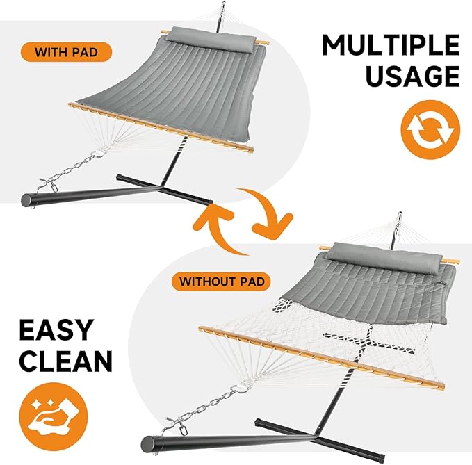 2 Person Outdoor Hammock with Stand, Cotton Rope Hammock with Polyester Pad, Adjustable Steel Frame, Portable with Carrying Bag – for Patio, Backyard, Garden, Beach,Dark-Gray