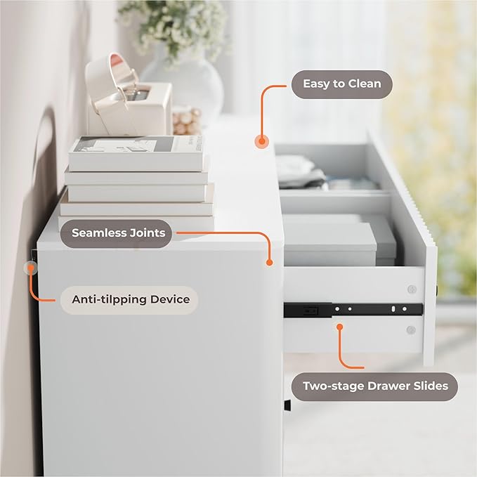 Fluted 6 Drawers Dresser for Bedroom, 54" Wide Modern Chest of Drawers with Faux Marble Top, Curved Profile Design, Solid Wood Legs, Wodden Dresser TV Stand, Storage Organizer for Bedroom, White