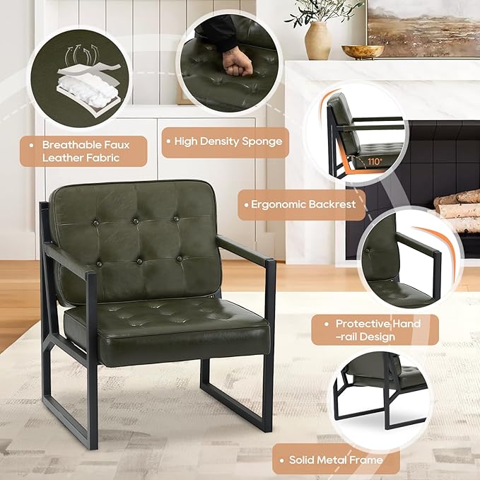 COLAMY Modern Accent Chair, Accent Arm Chair for Living Room, Comfy Leather Armchair with Metal Legs for Bedroom Reception Waiting Room, Green